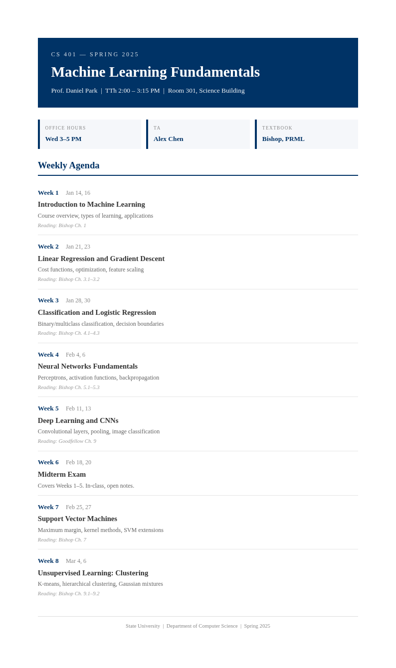 University course agenda